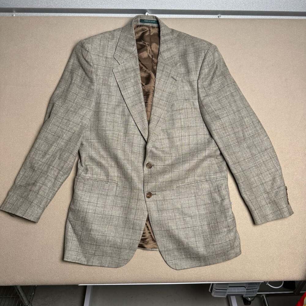 Ralph Lauren Silk Linen Wool Plaid Sport Coat Blazer Jacket Gray Brown 39R
